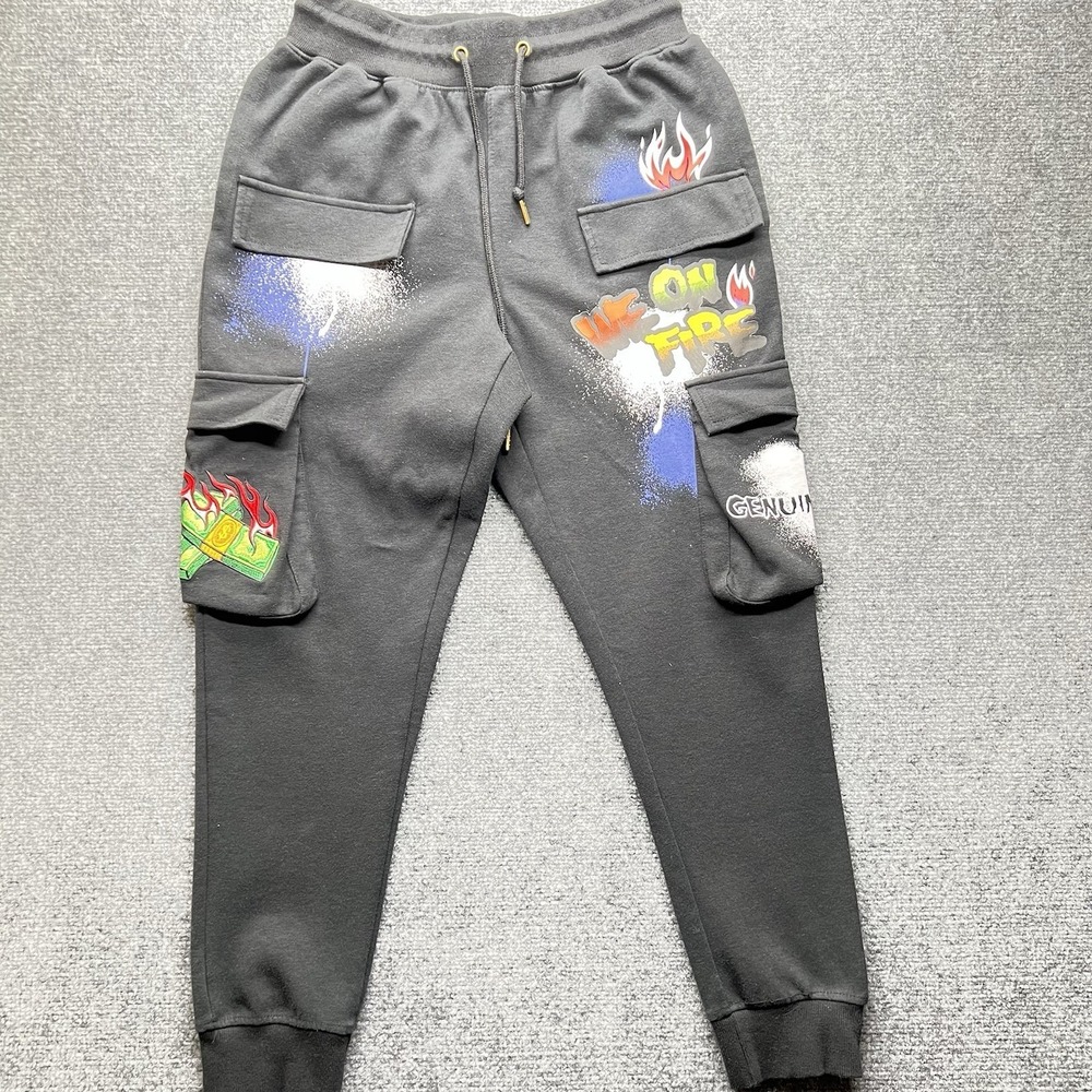 Genuine Clothing Mens Graphic Cargo Joggers Gray Streetwear Pants Paint Design
